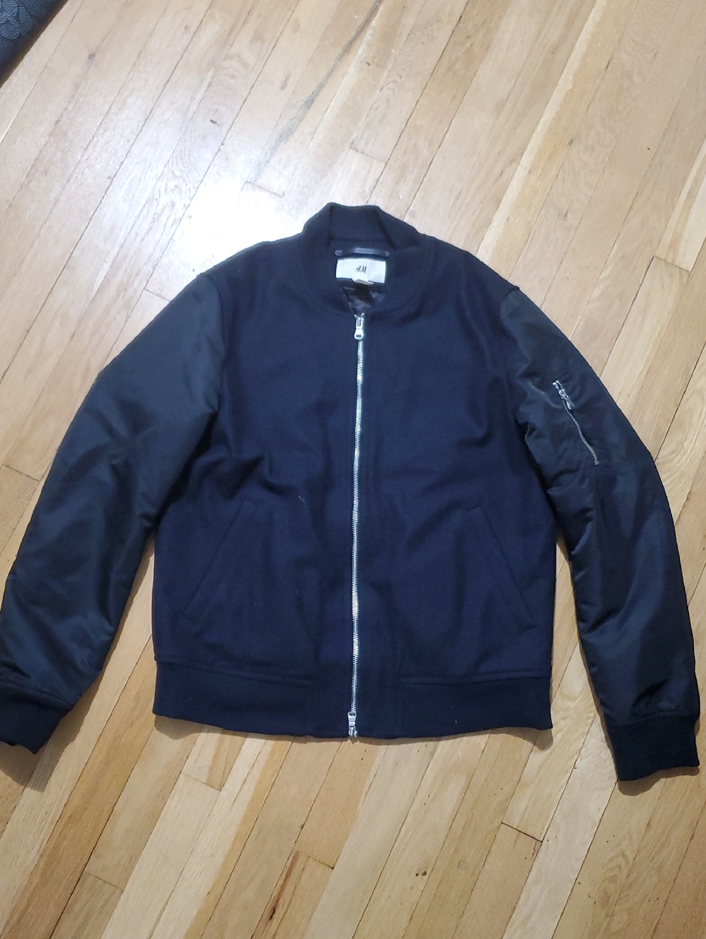 H&M Black Men's Bomber Jacket with Zip Sleeve Pocket
